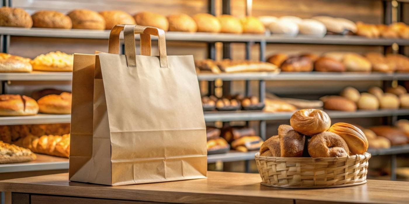 Paper carrier bag and basket of bread rolls in front of bakery shelves