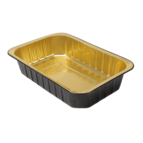 50 x Gold and Black Foil Containers & PET Lids 21.4 x 14.2 x 4.5cm