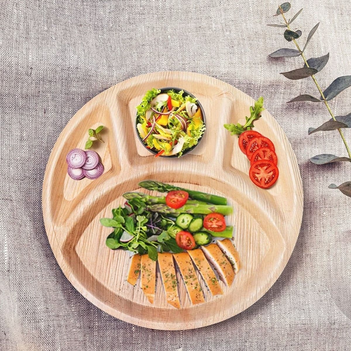 25 x Round 12" 4 Compartment Biodegradable Palm Leaf Plates