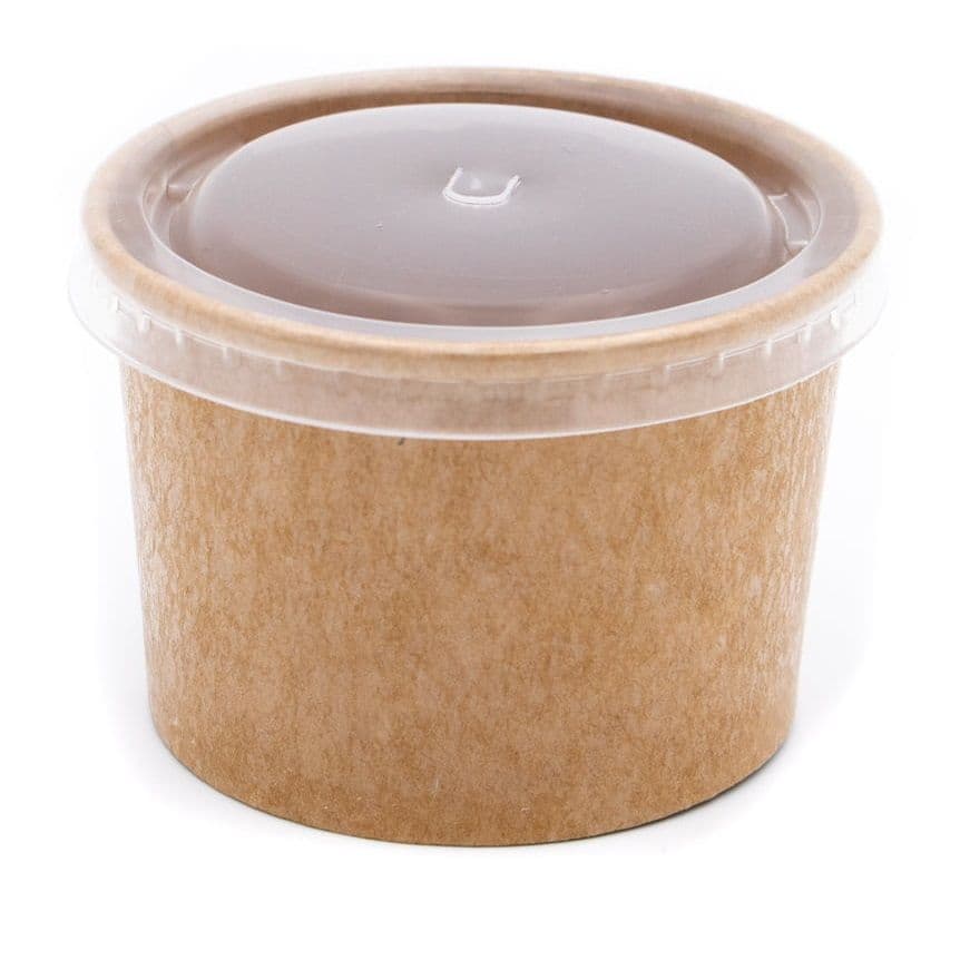 50 x 4oz Kraft Brown Paper Food Tubs & Flat Plastic Lids