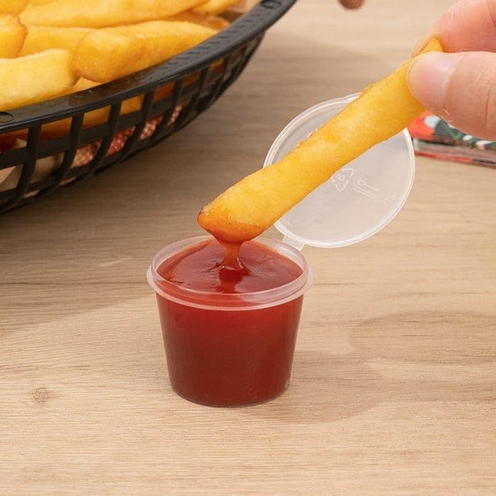 100 x Hinged Lidded Plastic Sauce Pots - Multiple Sizes