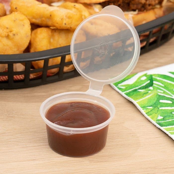 100 x Hinged Lidded Plastic Sauce Pots - Multiple Sizes