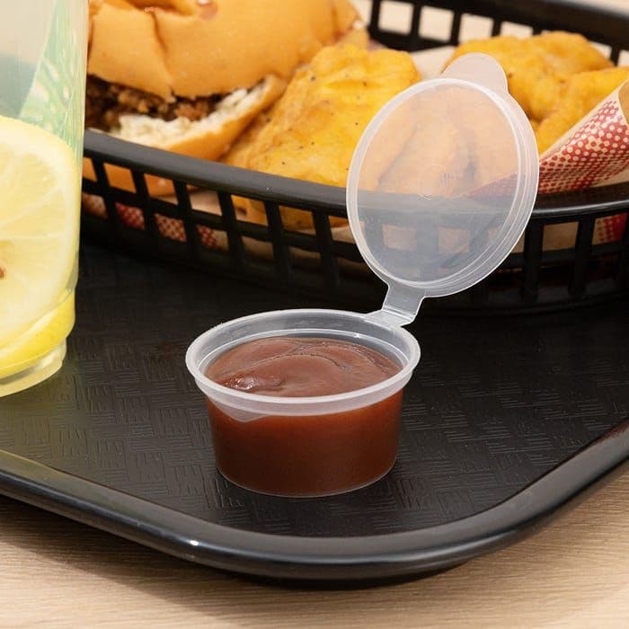 100 x Hinged Lidded Plastic Sauce Pots - Multiple Sizes