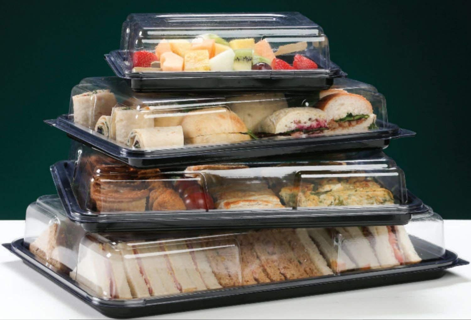 10 x Reusable Black Plastic Buffet Platters and Clear Lids